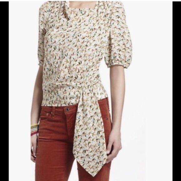 Anthropologie LEIFNOTES Beige Bird Pattern Silk Blouse Shirt Top  Women's Size 4 - Picture 1 of 8